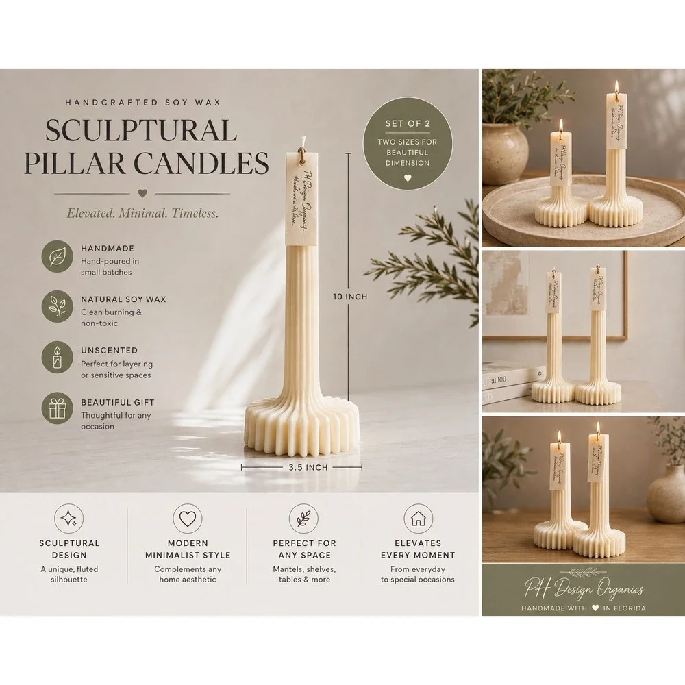 PH Design Organics Sculptural Pillar Candles Set of 2 Ivory Fluted Soy Wax NEW